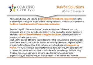 14
Kairòs Solutions
liberare soluzioni
Kairòs Solutions è una società di consulenza, formazione e coaching che offre
interventi per sviluppare e applicare la strategia creativa, valorizzare le persone e
facilitare i cambiamenti nell’innovazione aziendale.
Il nostro payoff, “liberare soluzioni”, vuole trasmettere l’idea concreta che,
attraverso una precisa metodologia di intervento, è possibile aiutare persone e
aziende a liberare creativamente le migliori soluzioni, come espressione di
passioni, valori e competenze.
Negli ultimi 10 anni abbiamo costruito partnership con aziende e organizzazioni
per aiutarle a realizzare obiettivi di crescita e di miglioramento. Ci piace definirci
artigiani del cambiamento e dello sviluppo perché realizziamo interventi su
misura, costruiti sulle reali esigenze formative delle persone, che consideriamo
la risorsa più preziosa di un’azienda. Utilizziamo la metodologia del Coaching
Creativo per accompagnare le persone a partecipare al cambiamento
organizzativo, all’innovazione, all’evoluzione di sé, del team e dell’azienda.
 