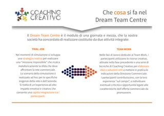 Il Dream Team Centre è il modulo di una giornata e mezza, che la nostra
società ha concordato di realizzare costituito da due attività integrate:
 ' TEAM WORK
Nelle fasi di lavoro dedicate al Team Work, i
partecipanti utilizzano le risorse creative,
attivate nella fase precedente e una serie di
tecniche di Coaching Creativo per elaborare
idee e soluzioni utili a mettere in pratica le
indicazioni della Direzione Commerciale.
I partecipanti contribuiscono, con la loro
esperienza “sul campo”, a individuare
eventuali criticità e opportunità legate alle
caratteristiche dell’offerta commerciale da
promuovere.
TRIAL JOB
Nei momenti di simulazione si sviluppa
una strategia creativa per realizzare
una “missione impossibile” che ricalca
metaforicamente la sfida che deve
affrontare la rete commerciale.
Lo scenario della simulazione è
realizzato ad hoc per le specifiche
esigenze della rete e dell’azienda.
Si tratta di un’esperienza ad alto
impatto emotivo e creativo che
consente una rapida integrazione tra i
partecipanti.
Che cosa si fa nel
Dream Team Centre
 