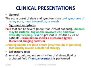 CLINICAL PRESENTATIONS
• General
The acute onset of signs and symptoms has cold symptoms of
runny nose, nasal congestion, or cough
• Signs and symptoms
Pain that can be severe (more than 75% of patients), Children
may be irritable, tug on the involved ear, and have
difficulty sleeping, Fever is present in less than 25% of
patients , Examination shows a discolored (gray),
thickened, bulging eardrum
Draining middle ear fluid occurs (less than 3% of patients)
that usually reveals a bacterial etiology
• Laboratory tests
Gram stain, culture, and sensitivities of draining fluid or
aspirated fluid if tympanocentesis is performed
6/4/2021 Dr. S P NAYAK MED EASY LECTURES
 