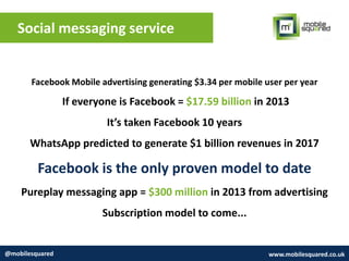 Social messaging service
@mobilesquared www.mobilesquared.co.uk
Facebook Mobile advertising generating $3.34 per mobile user per year
If everyone is Facebook = $17.59 billion in 2013
It’s taken Facebook 10 years
WhatsApp predicted to generate $1 billion revenues in 2017
Facebook is the only proven model to date
Pureplay messaging app = $300 million in 2013 from advertising
Subscription model to come...
 