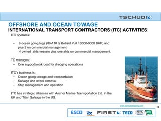 INTERNATIONAL TRANSPORT CONTRACTORS (ITC) ACTIVITIES ITC operates: 6 ocean going tugs (86-110 ts Bollard Pull / 8000-9000 BHP) and plus 2 on commercial management  4 owned  ahts vessels plus one ahts on commercial management. TC manages: One support/work boat for dredging operations ITC’s business is: Ocean going towage and transportation Salvage and wreck removal Ship management and operation ITC has strategic alliances with Anchor Marine Transportation Ltd. in the  UK and Titan Salvage in the US. OFFSHORE AND OCEAN TOWAGE 