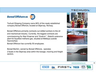 Tschudi Shipping Company owns 66% of the newly established company Boreal Offshore, located at Skjervøy, Norway. Boreal Offfshore primarily contracts out skilled workers to the oil and mechanical industry. Currently, the biggest contracts are commissioning for Aker Kværner and ”Snøhvit ”, Statoil’s extensive  plant for liquefied methane gas, situated at Melkøya outside Hammerfest.  Boreal Offshore has currently 50 employees. Boreal Maritim, owned by Boreal Offshore,  operates  2 boats in the Skjervøy area within the towage, mooring and freight sectors. 17 