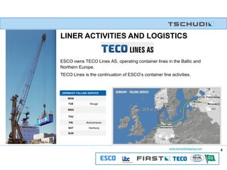 ESCO owns TECO Lines AS, operating container lines in the Baltic and  Northern Europe. TECO Lines is the continuation of ESCO’s container line activities.  LINER   ACTIVITIES   AND LOGISTICS   SUN Hamburg SAT Bremerhaven FRI THU WED Muuga TUE   MON GERMANY-TALLINN SERVICE 