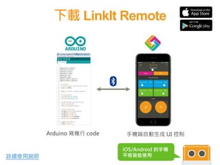 下載 LinkIt Remote
Arduino 寫幾行 code 手機端自動生成 UI 控制
詳細使用說明 13
iOS/Android 的手機
平板皆能使用
 