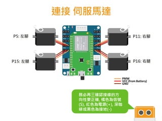 連接 伺服馬達
務必再三確認接線的方
向性要正確, 橘色為信號
(S), 紅色為電源(+), 深咖
啡或黑色為接地(-)
- + s s + -
PMW
VCC (from Battery)
GND
P5: 左腳
P15: 左腿
P11: 右腳
P16: 右腿
 