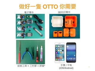 做好一隻 OTTO 你需要
5
3D列印零件電子零件
組裝工具 + 三秒膠 + 銲槍* 手機 / 平板
(iOS/Android)
 