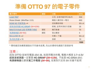 準備 OTTO 97 的電子零件
6
電子零件 選配 功能 NTD
LinkIt 7697 主控, 並提供藍芽和 Wi-Fi 530
Robot Shield (MiniPlan 出品) 機器人擴充板 + 電池 600
SG90 9G 伺服馬達 x 4 控制關節移動 50 x 4
超音波感測器 HC-SR04P (3V~5.5V) 眼睛, 並用來測前方距離 35
MAX7219 8x8 LED 矩陣顯示模組 選配 嘴巴動畫 75
有源蜂鳴器 (3V~5V) 選配 發出聲音 5
MicroUSB 線 x 2 充電 + 下載 50 x 2
母-母杜邦線 x 10 接線 10
注意 :
因為 OTTO 拔掉充電器 (5V) 後, 就是用電池供電, 電壓大概是 3.7~4.5V
超音波感測器一定要買 HC-SR04P (3V~5.5V), 不能是 HC-SR04 (5V)
有源蜂鳴器也要買寬工作電壓 (3V~5V), 若買到只支持 5V 的會不能用
* 價格會因為購買通路的不同會有差異, 列出的價格和通路只是個參考
 