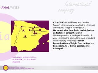 GLOBALIZACIÓN DE VINOS, S.L.
AXIAL VINOS SPAIN | EUROPE | AXIAL WINES USA
AXIAL WINES
· AXIAL WINES_ SPANISH LIFE STYLE
· ...