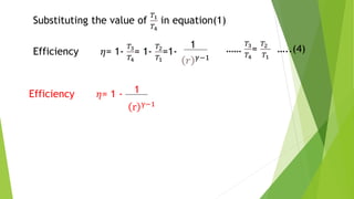 Substituting the value of
𝑇1
𝑇4
in equation(1)
Efficiency 𝜂= 1-
𝑇3
𝑇4
= 1-
𝑇2
𝑇1
=1-
1
𝑟 𝛾−1
Efficiency 𝜂= 1 - 1
r γ−1
……
𝑇3
𝑇4
=
𝑇2
𝑇1
…..(4)
 