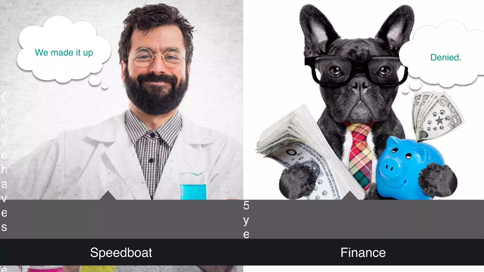 C
a
n
w
e
h
a
v
e
s
o
m
W
h
a
t
’
s
y
o
u
r
5
y
e
a
r
Speedboat Finance
We made it up
Denied.
 