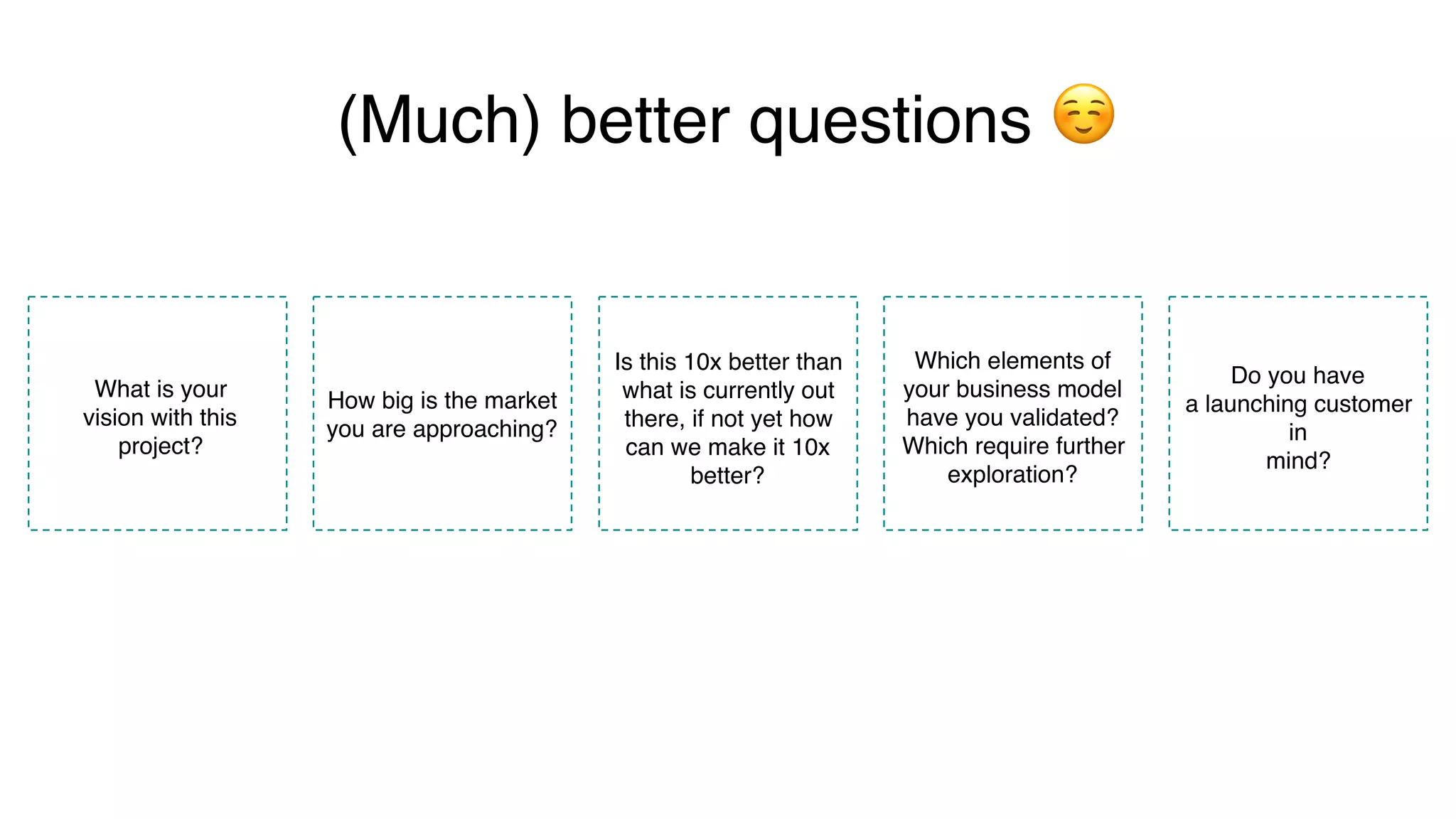 (Much) better questions ☺
What is your
vision with this
project?
How big is the market
you are approaching?
Which elements of
your business model
have you validated?
Which require further
exploration?
Do you have
a launching customer
in
mind?
Is this 10x better than
what is currently out
there, if not yet how
can we make it 10x
better?
 