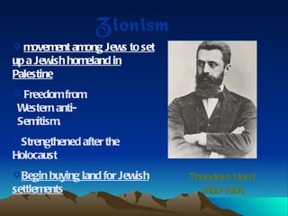 Zionism Theodore Herzl 1860-1904 movement among Jews to set up a Jewish homeland in Palestine Freedom from    Western anti-   Semitism.  Strengthened after the Holocaust Begin buying land for Jewish settlements 