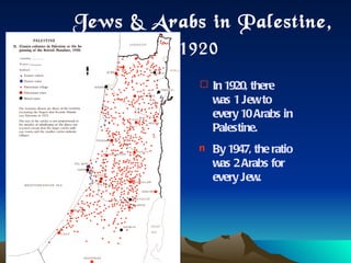 Jews & Arabs in Palestine,  1920   In 1920, there  was 1 Jew to every 10 Arabs in Palestine. By 1947, the ratio  was 2 Arabs for every Jew. 