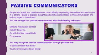 • People who speak in a passive manner have difficulty expressing themselves and tend to give
in to others. Failure to express thoughts and emotions often leads to miscommunication and
built-up anger or resentment.
• You can recognize a passive communicator with the following behaviors:
• Difficulty making eye contact
• Inability to say no
• Go with the flow type attitude
• Poor posture
• You may recognize passive communication through phrases like:
• “It doesn’t matter that much.”
• “I just want everyone to get along.”
18
 