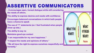 • . It encourages open, honest dialogue while still considering
the needs of others.
• The ability to express desires and needs with confidence
• Encourages balanced conversations in which both people
have a chance to speak
• The use of “I” statements (ex: I feel frustrated when people
show up late.)
• The ability to say no
• Maintains good eye contact
• “I am responsible for my own happiness.”
• “I respect the needs and opinions of others.”
• “We all have the right to express ourselves respectfully and
honestly.”
21
 