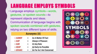 LANGUAGE EMPLOYS SYMBOLS
• Language employs symbols—words,
gestures, or spoken sounds—to
represent objects and ideas.
Communication of language begins with
spoken sounds combined with gestures,
relying on two different types of skills.
7
 