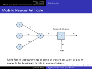 Ricerca Lineare
Reti Neurali
Metodi quasi-Newton nell’addestramento delle reti neurali
Addestramento
Modello Neurone Artiﬁciale
Nella fase di addestramento si cerca di trovare dei valori ai pesi in
modo da far funzionare la rete in modo eﬃciente
Emanuele Pesce Applicazioni dei metodi quasi-Newton
 