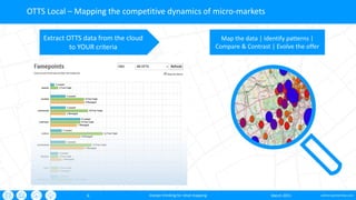 oxford-partnership.com6
OTTS Local – Mapping the competitive dynamics of micro-markets
March 2015sharper thinking for retail mapping
Extract OTTS data from the cloud
to YOUR criteria
Map the data | Identify patterns |
Compare & Contrast | Evolve the offer
 