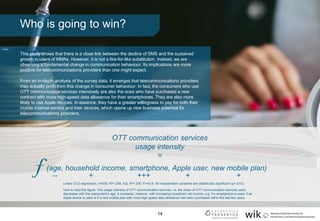 Who is going to win?
f
OTT communication services
usage intensity
=
(age, household income, smartphone, Apple user, new mo...