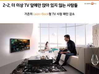 2-2. 더 이상 TV 앞에만 앉아 있지 않는 사람들 
기존의 Lean-Back형 TV 시청 패턴 감소 
 