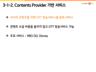 3-1-2. Contents Provider 기반 서비스 
 자사의 콘텐츠를 자체 OTT 방송서비스를 통해 서비스 
 콘텐츠 수급 비용을 들이지 않고 OTT 방송서비스 가능 
 주요 서비스 : HBO GO, Disney 
 