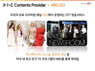 3-1-2. Contents Provider – HBO GO 
미국의 유료 프리미엄 채널 HBO에서 운영하는 OTT 방송서비스 
섹스앤더시티, 뉴스룸, 왕좌의 게임 등 
미국 내 최고 인기 TV 프로그램이 HBO를 통해 제작됨 
 