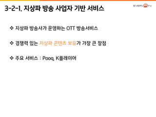 3-2-1. 지상파 방송 사업자 기반 서비스 
 지상파 방송사가 운영하는 OTT 방송서비스 
 경쟁력 있는 지상파 콘텐츠 보유가 가장 큰 장점 
 주요 서비스 : Pooq, K플레이어 
 