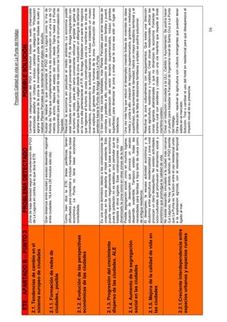 Proyecto Calidad de vida en La Punta del Hidalgo

 ETE - APARTADO B – PUNTO 2                    PROBLEMA DETECTADO                                                            POSIBLE SOLUCIÓN
                                         Zona de baja densidad según la consideración del PGO        Cambiar la categorización del PGO e introducir bolsas de suelo Urbanizable
2.1. Tendencias de cambio en el          de La Laguna en contra de lo que dice la ETE                sectorizado aledaño al Urbano e incluso cambiar la categoría de “Protección
sistema europeo de ciudades                                                                          agraria Intensiva de la zona de invernaderos para pode tener bolsas de suelo y
                                                                                                     realizar Planes Parciales que reordenen la zona objeto de estudio.
                                         Gran distancia entre ciudad y escaso desarrollo regional    Acabar de realizar lo que comprende el PGO de La Laguna como la Vía de
2.1.1. Formación de redes de             entre ciudades. 16,4 kms (30 minutos sólo ida)              Ronda de Tejina que complementaría la vía de comunicación con una vía de 12
                                                                                                     metros de ancho. Mejora del estado del viario desde Tejina hasta La Punta
ciudades., posible                                                                                   incorporando para ello un carril de más como se ha hecho en la circunvalación de
                                                                                                     Tegueste.
                                         Como bien dice la ETE: áreas periféricas tienen             Reactivar la economía sin perjudicar el medio ambiente. La economía puede
                                         dificultades para consolidar o incluso mantener su base     estar basada en el turismo rural proveniente del P.R. de Anaga integrándolo con
                                         económica. La Punta no tiene base económica                 el turismo de costa, para ello sería conveniente reforzar y ampliar la gama de
2.1.2. Evolución de las perspectivas     consolidada.                                                senderos que lleguen y salgan desde la zona, incluyendo un albergue de estancia
                                                                                                     en la zona alta perteneciente al P.R. de Anaga. Establecer una serie de negocios
económicas de las ciudades                                                                           que regenere el turismo de costa construyendo una vía marítima en la zona de
                                                                                                     invernaderos, promoviendo la actividad terciaria e incluso instalando un museo
                                                                                                     que explique la génesis física y humana de la zona. Construcción de nuevos
                                                                                                     senderos hacia la Punta de Anaga desde La Punta.
                                         Es una zona dormitorio debido a las construcciones de       O bien crear más zonas habitables, más Planes Parciales para tener bolsas de
                                         viviendas en la zona aledaña al Hotel existente. Esto       viviendas y paralelo a ello, construcción de dotaciones de ocio familiar y juvenil,
2.1.3. Progresión del crecimiento        puede repercutir negativamente en la base económica         así como potenciación del sector terciario (supermercados, incluso grandes
disperso de las ciudades. ALE            pues la población no es estática, sino pendular que se      superficies) para dinamizar la zona y evitar que la zona sea sólo un lugar de
                                         traslada a otros lugares. Esas construcciones no han        residencia.
                                         dinamizado la zona como en otras zonas de la Isla
                                         Posible segregación social, como en muchos lugares,         Una vez más hay que reducir el desempleo creando bolsas de viviendas de clase
2.1.4. Aumento de la segregación         situación de desempleo que provoca un escaso                media y unida a ello, creación de negocios (supermercados, grandes o medianas
                                         desarrollo sostenible. Tampoco existen todas las            superficies), esto aumentará la densidad, habrá un mayor equilibrio territorial y el
social en las ciudades                   necesidades para familias e hijos tanto de nueva como       problema de la falta de dotaciones familiares y empleo se podría solucionar.
                                         de antigua residencia.
                                         El desempleo, la escasa actividad económica y la            Reactivar la zona culturalmente con equipamientos. Que exista una dirección
2.1.5. Mejora de la calidad de vida en   dicotomía entre agricultura, residencialidad y zona rural   entre agricultura, residencia y ruralidad. Crear zonas residenciales, achicar las
                                         provocan un claro desequilibrio. No existen actividades     zonas agrarias abandonadas y que no dinamizan la economía. Fomentar el
las ciudades                             socio-culturales que promuevan el dinamismo social y        turismo rural con senderos y costas con una vía marítima que respete el linde
                                         económico que promulgue la calidad de vida.                 marítimo-costero.
                                         No existe desarrollo vinculado a la ciudad más cercana      Crear un institución vinculada a la ULL, Cabildo o Ayuntamiento. Se podría hacer
                                         (La Laguna). No hay un ámbito definido, el PGO asimila      un puerto para trasladar la Facultad de Ingeniería naval de Santa Cruz a La Punta
                                         que La Punta es “la fusión entre el uso residencial unido   del Hidalgo.
                                         a la explotación agrícola, con el residencial temporal      Otra solución: reactivar la agricultura con cultivos emergentes que puedan tener
2.2.1.Creciente interdependencia entre   ligado al mar.                                              salida en el mercado.
espacios urbanos y espacios rurales                                                                  Solución: Tirar o cambiar el uso del hotel en residencial para que desaparezca el
                                                                                                     impacto visual de su presencia.




                                                                                                                                                                        16
 