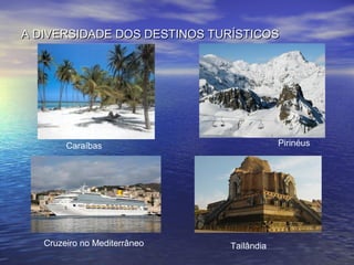 A DIVERSIDADE DOS DESTINOS TURÍSTICOS

Pirinéus

Caraíbas

Cruzeiro no Mediterrâneo

Tailândia

 