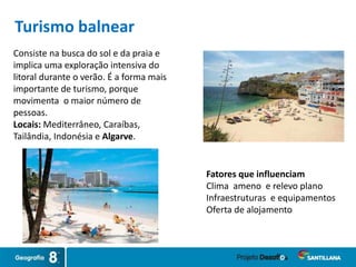 Consiste na busca do sol e da praia e
implica uma exploração intensiva do
litoral durante o verão. É a forma mais
importante de turismo, porque
movimenta o maior número de
pessoas.
Locais: Mediterrâneo, Caraíbas,
Tailândia, Indonésia e Algarve.
Fatores que influenciam
Clima ameno e relevo plano
Infraestruturas e equipamentos
Oferta de alojamento
Turismo balnear
 