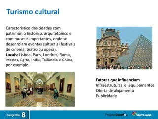 Característico das cidades com
património histórico, arquitetónico e
com museus importantes, onde se
desenrolam eventos culturais (festivais
de cinema, teatro ou ópera).
Locais: Lisboa, Paris, Londres, Roma,
Atenas, Egito, Índia, Tailândia e China,
por exemplo.
Fatores que influenciam
Infraestruturas e equipamentos
Oferta de alojamento
Publicidade
Turismo cultural
 