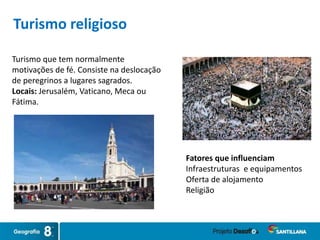 Turismo que tem normalmente
motivações de fé. Consiste na deslocação
de peregrinos a lugares sagrados.
Locais: Jerusalém, Vaticano, Meca ou
Fátima.
Fatores que influenciam
Infraestruturas e equipamentos
Oferta de alojamento
Religião
Turismo religioso
 