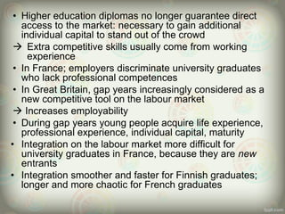 • Higher education diplomas no longer guarantee direct
access to the market: necessary to gain additional
individual capital to stand out of the crowd
 Extra competitive skills usually come from working
experience
• In France; employers discriminate university graduates
who lack professional competences
• In Great Britain, gap years increasingly considered as a
new competitive tool on the labour market
 Increases employability
• During gap years young people acquire life experience,
professional experience, individual capital, maturity
• Integration on the labour market more difficult for
university graduates in France, because they are new
entrants
• Integration smoother and faster for Finnish graduates;
longer and more chaotic for French graduates
 