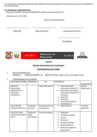 La evaluaciónde larelacióntutorialesde tipocualitativa,formativaydescriptiva:norequiere deunanota,de unaconclusióno
de una calificación.
XI. REFERENCIAS BIBLIOGRAFICAS
Manual de TUTORIA Y OrientaciónEDUCATIVA Ministeriode Educación- Peru
Fascículos1,2 y 3. JEC-2 015.
Otuzco, 23 de Abril de 2017.
------------------------------------------ -------------------------------------------- -------------------------------------------
DIRECTOR Docente del Área Coordinadorde Tutoría
----------------------------------------
Psicólogo(a)
OTUZCO
“AÑO DEL BUEN SERVICIO AL CIUDADANO”
PLAN BIMESTRAL DE TUTORIA
I. DATOSINFORMATIVOS.
BIMESTRE: I HORASDESTINADAS:20 DOCENTETUTOR: Alfonso Octavio Meregildo Grados.
II. CRONOGRAMA DE ACTIVIDADES.
ACTIVIDADES/TEMAS DIMENSION EJE MATERIALES
EVALUACION
Sesión 01 : :
Bienveniday
elaboraciónde
normasde
convivencia
Culturade valores  Hoja impresacon
situaciones:Anexo:N°1
 Hoja impresaconfrases
incompletas:Anexo:N° 2
Así soyyo
 Papelotes
 Cartulinas
 Plumonesde colores
 Cintaadhesiva
Guía de
observación
Sesión02: Me
aceptotal como soy
Desarrollo
personal
Autoconocimiento
y autoestima
 Papel impreso. -Fichade
aplicación.
Sesión03: Todos
merecemosrespeto,
Señor
Desarrollo
Social
comunitario
Culturade valores  Papelotes
 Periódicos,revistas,
 Tijeras,
 Plumones
 Cintade embalaje
 Noticia(Anexo1)
 Cartel con preguntas
(AnexoN°2)
 