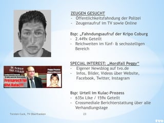ZEUGEN GESUCHT
- Öffentlichkeitsfahndung der Polizei
- Zeugenaufruf im TV sowie Online
Bsp: „Fahndungsaufruf der Kripo Coburg
- 2.449x Geteilt
- Reichweiten im fünf- & sechsstelligen
Bereich
SPECIAL INTEREST: „Mordfall Peggy“
- Eigener Newsblog auf tvo.de
- Infos, Bilder, Videos über Website,
Facebook, Twitter, Instagram
Bsp: Urteil im Kulac-Prozess
- 635x Like / 159x Geteilt
- Crossmediale Berichterstattung über alle
Verhandlungstage
Torsten Cuck, TV Oberfranken 23
 