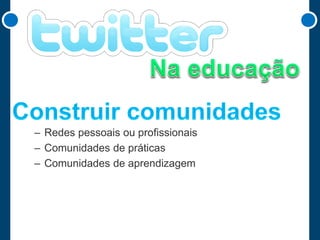 – Redes pessoais ou profissionais
– Comunidades de práticas
– Comunidades de aprendizagem

 