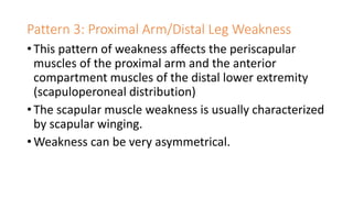 Pattern 3: Proximal Arm/Distal Leg Weakness
• This pattern of weakness affects the periscapular
muscles of the proximal arm and the anterior
compartment muscles of the distal lower extremity
(scapuloperoneal distribution)
• The scapular muscle weakness is usually characterized
by scapular winging.
• Weakness can be very asymmetrical.
 