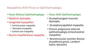 Myopathies With Ptosis or Ophthalmoplegia
• Ptosis Without Ophthalmoplegia
• Myotonic dystrophy
• Congenital myopathies
• Centronuclear myopathy
• Nemaline myopathy
• Central core myopathy
• Desmin (myofibrillary) myopathy
• Ptosis With Ophthalmoplegia
• Oculopharyngeal muscular
dystrophy
• Oculopharyngodistal myopathy
• Chronic progressive external
ophthalmoplegia (mitochondrial
myopathy)
• Neuromuscular junction disease
(myasthenia gravis, Lambert-
Eaton, botulism)
 