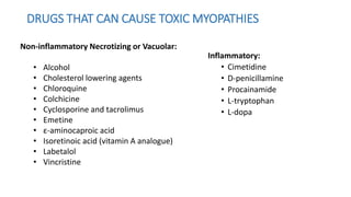 DRUGS THAT CAN CAUSE TOXIC MYOPATHIES
Inflammatory:
• Cimetidine
• D-penicillamine
• Procainamide
• L-tryptophan
• L-dopa
Non-inflammatory Necrotizing or Vacuolar:
• Alcohol
• Cholesterol lowering agents
• Chloroquine
• Colchicine
• Cyclosporine and tacrolimus
• Emetine
• ε-aminocaproic acid
• Isoretinoic acid (vitamin A analogue)
• Labetalol
• Vincristine
 
