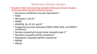 Molecular Genetic Studies
• Disorders With Commercially Available Molecular Genetic Studies
Performed With Peripheral Blood Samples
• Duchenne and Becker muscular dystrophies ”
• FSHD
• MD (types 1 and 2) "
• OPMD
• LGMD1B, 2A, 2C–2F, and 2I "
• Congenital muscular dystrophy (FKRP, FCMD, MEB, and POMT1
mutations) "
• Nonaka myopathy/inclusion body myopathy type 2 "
• Nemaline myopathy (ACTA1 mutations) "
• Myotubular myopathy (MTM1 mutations) "
• MERRF
• MELAS
 