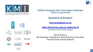 48
COVID-19 Antibody Test / Vaccination Certificates
“There’s an app for that”
Questions & Answers
kmi-events@open.ac.uk
https://blockchain.open.ac.uk/#covid-19
(includes link to video replay)
Special thanks to
Ben Hawkridge, Pasquale Iero, Michelle Bachler, Kevin Quick,
Harriett Cornish, Damian Dadswell
 
