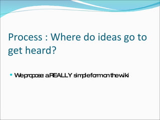Process : Where do ideas go to get heard? We propose: a REALLY simple form on the wiki 