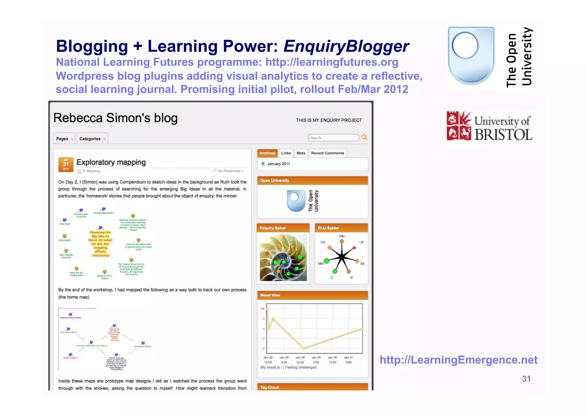 Blogging + Learning Power: EnquiryBlogger
National Learning Futures programme: http://learningfutures.org
Wordpress blog plugins adding visual analytics to create a reflective,
social learning journal. Promising initial pilot, rollout Feb/Mar 2012




                                                             http://LearningEmergence.net
                                                                                      31
 