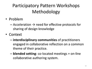 Participatory Pattern Workshops MethodologyProblemAcceleration -> need for effective protocols for sharing of design knowledge Contextinterdisciplinary communities of practitioners engaged in collaborative reflection on a common theme of their practice.blended setting: co-located meetings + on-line collaborative authoring system.10