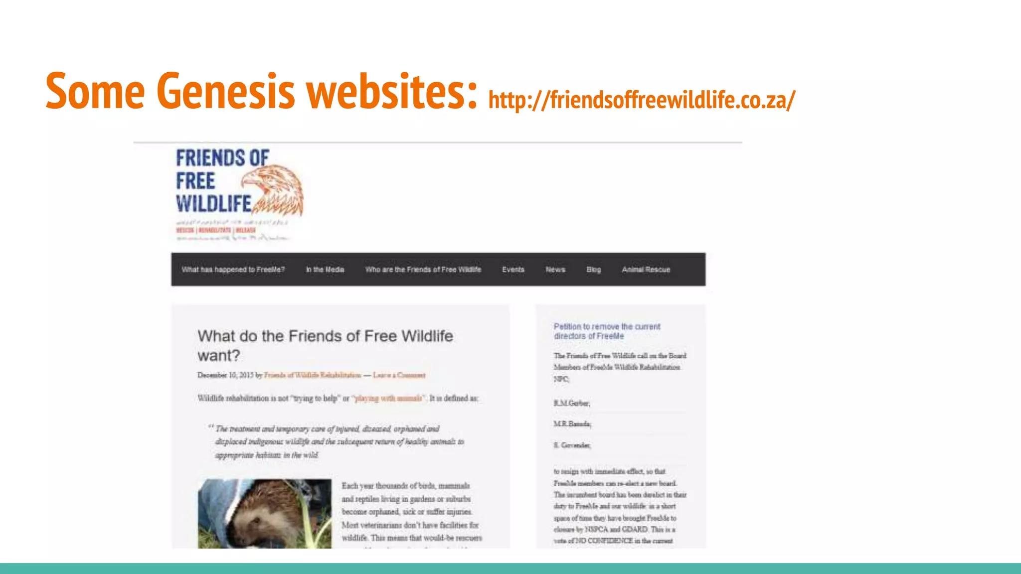Some Genesis websites: http://friendsoffreewildlife.co.za/
 