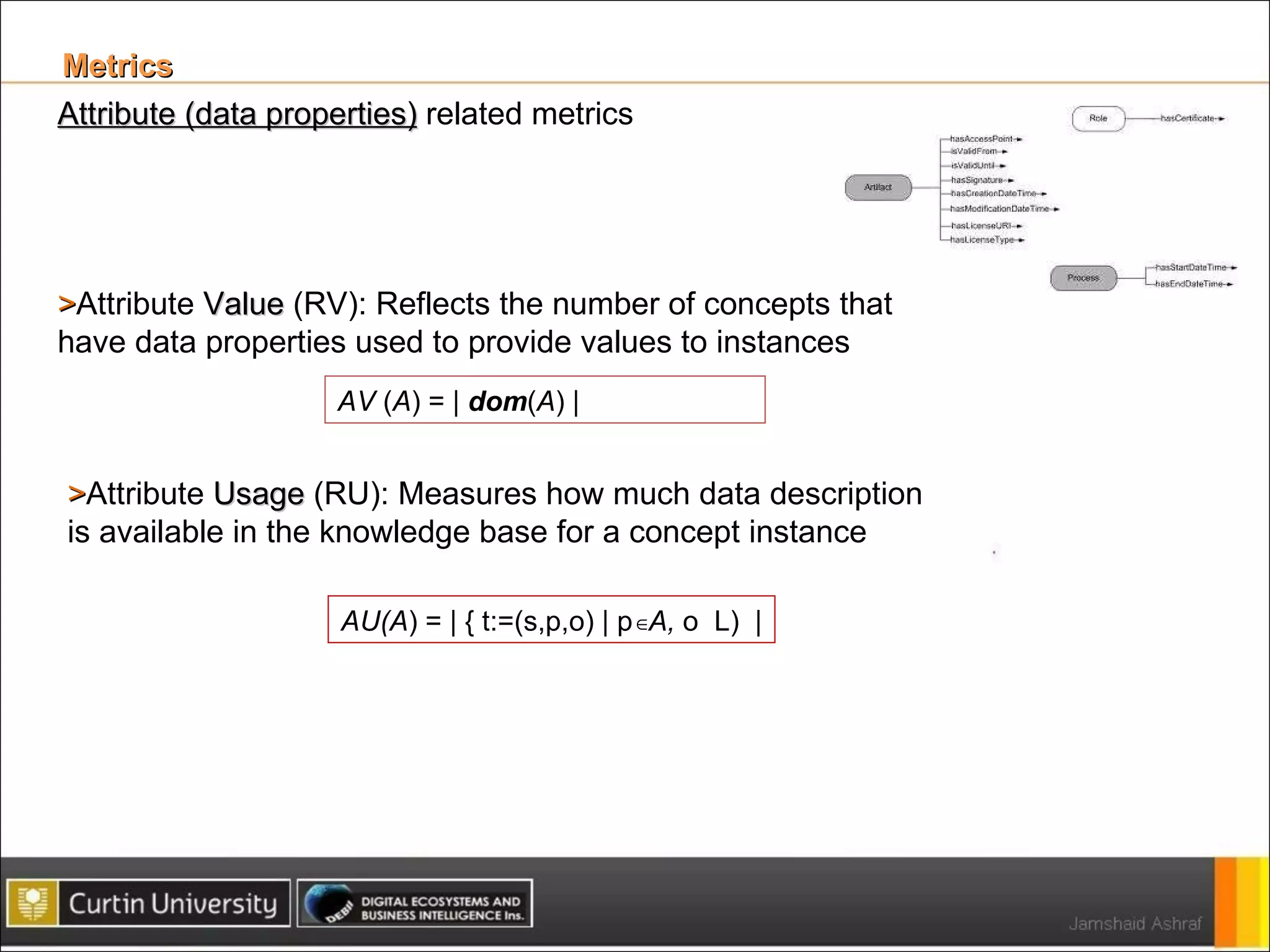 Metrics  Attribute (data properties)  related metrics > Attribute  Value  (RV): Reflects the number of concepts that have data properties used to provide values to instances  AV  ( A ) = |  dom ( A ) | > Attribute  Usage  (RU): Measures how much data description is available in the knowledge base for a concept instance AU(A ) = | { t:=(s,p,o) | p  A,  o  L)  | 