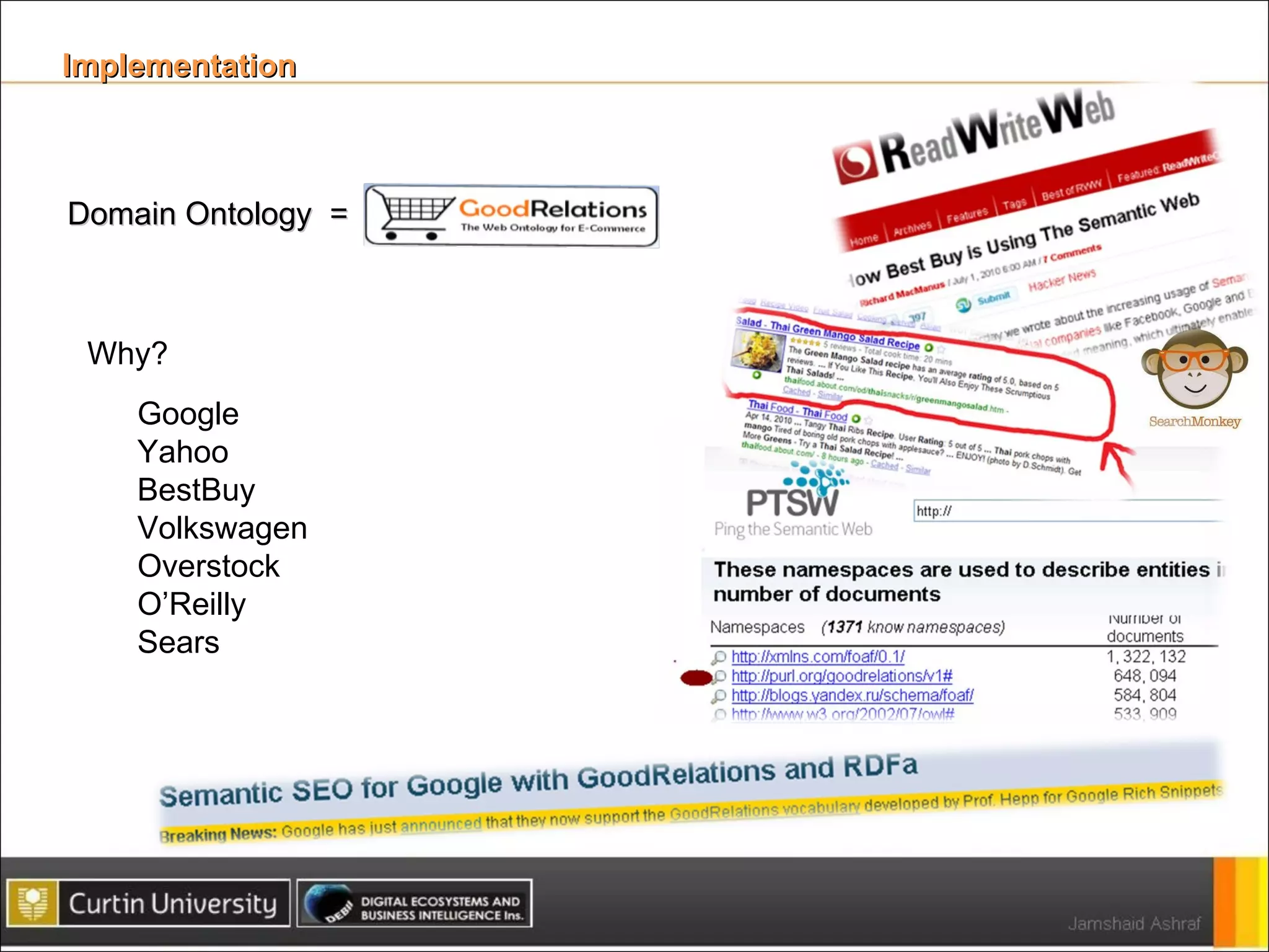 Implementation  Domain Ontology  =  Why? Google Yahoo BestBuy Volkswagen Overstock O’Reilly Sears 