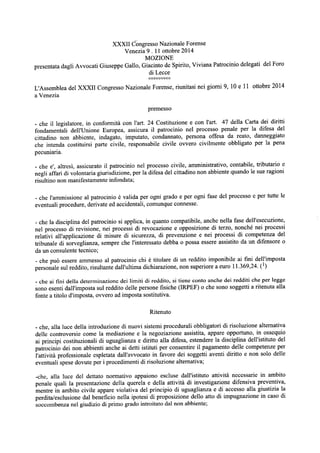 XXXII Congresso Forense Venezia: mozione n¯ 50 estensione gratuito patrocinio a ADR