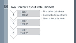 Two Content Layout with SmartArt
A
• Task 1
• Task 2
B
• Task 1
• Task 2
C
• Task 1
• Task 2
› First bullet point here
› Second bullet point here
› Third bullet point here
 