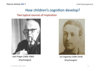Jean Piaget (1896‐1980)  
(Psychologist) 
Lev Vygotsky (1896‐1934) 
(Psychologist) 
How children’s cogni?on develop? 
Two typical sources of inspira?on 
child development 
41 Dr. Oubba?, March 2012 
 